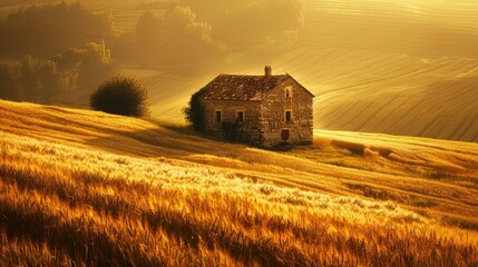 Ancient stone barn amidst vast fields of wheat