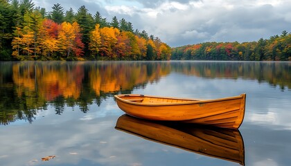 Poster - A tranquil lake scene features a solitary wooden boat surrounded by vibrant autumn foliage and calm water reflections.