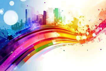 Poster - Colorful abstract design with dynamic waves and city silhouette.