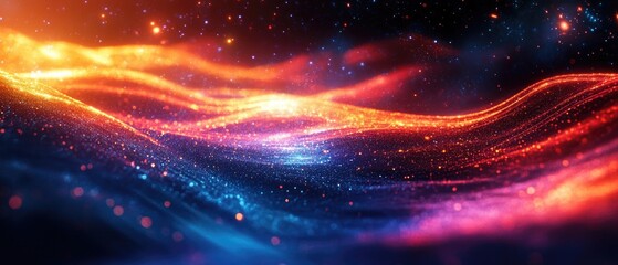 Poster - Vibrant abstract waves with glowing particles in shades of orange and blue, evoking a sense of motion and energy in a cosmic space.