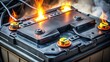 © suchetpong - Overheating issue in electric vehicle battery with warning indicators and hot spots