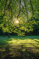 Poster - Sunlight filters through green leaves, creating a serene natural setting with dappled light on the grass below.