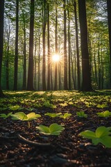 Poster - A serene forest scene at sunrise, featuring tall trees and vibrant green leaves carpeting the forest floor, illuminated by warm sunlight.