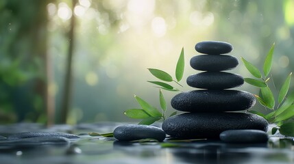 Stacked Black Stones with Green Leaves in a Tranquil Setting