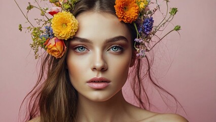 Minimalist portrait of cute woman with flowers on her head on pink background. Woman with various colorful flowers intricately placed in her hair. Spring fashion concept
