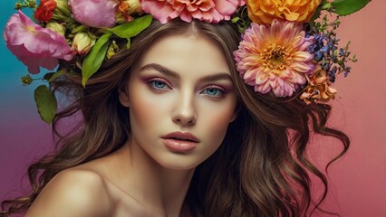 Minimalist portrait of cute woman with flowers on her head on pink background. Woman with various colorful flowers intricately placed in her hair. Spring fashion concept
