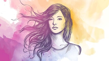 A vibrant watercolor portrait of a young woman with flowing hair and a serene expression. Illustration