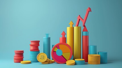 Business growth with 3D pie charts and financial symbols