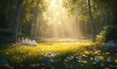 Poster - A serene forest scene with sunlight filtering through trees, illuminating a vibrant meadow filled with flowers.
