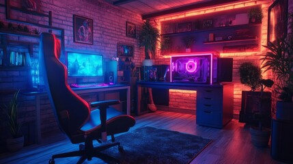 Poster - A computer gaming room with a neon blue chair and a neon red desk