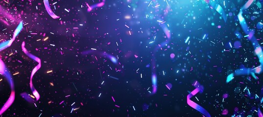 Futuristic Abstract Birthday Background with Neon Confetti and Holographic Ribbons in Space