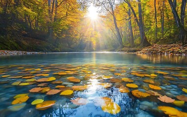 Aufkleber - A serene autumn landscape featuring a clear blue river with fallen leaves, surrounded by vibrant trees and gentle sunlight filtering through.