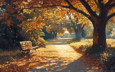 Poster - A tranquil path in autumn, lined with trees bursting with orange leaves and a solitary bench inviting reflection amidst nature's beauty.