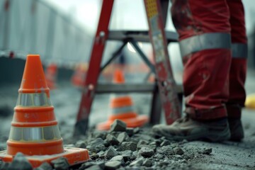 A construction worker stands next to a pile of rubble, ready for the next step in the building process