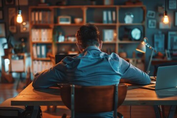 Poster - a person sits at a table with a laptop open in front of them, ready to work or browse