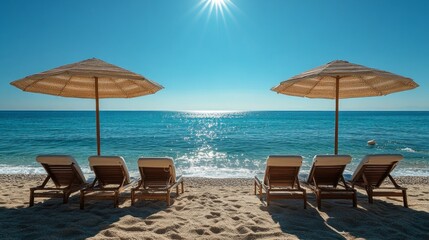 Poster - A beach scene with four beach chairs and two umbrellas
