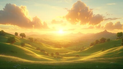 Aufkleber - A serene landscape at sunrise, featuring rolling hills, vibrant green grass, and fluffy clouds illuminated by golden sunlight.