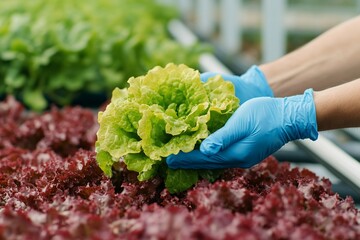 Wall Mural - A person harvesting fresh lettuce in a greenhouse setting.