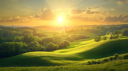 Poster - A stunning sunrise illuminates lush green hills, creating a serene and tranquil landscape filled with natural beauty.