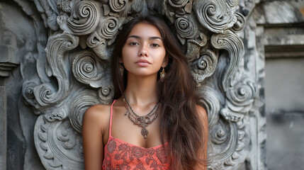 Bali, portrait of a young beautiful woman against the backdrop of a temple, beautiful lighting.