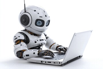 Poster - a robot sits on top of a laptop computer, illustrating digital integration and artificial intelligen
