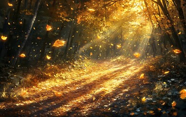 Poster - A serene forest path illuminated by golden sunlight filtering through autumn leaves, creating a magical and tranquil atmosphere.