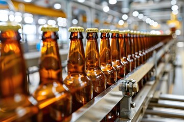 Poster - A row of empty beer bottles moves along a production line