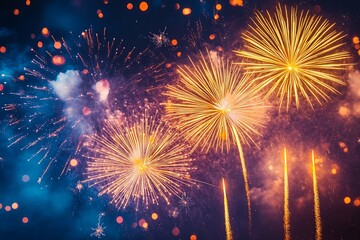 Poster - Fireworks display on a dark blue sky background. : Generative AI