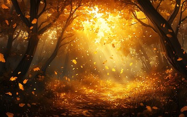 Poster - A golden autumn forest bathed in sunlight, with falling leaves creating a magical, tranquil atmosphere.