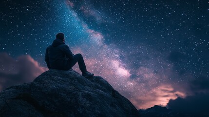 Poster - A man is sitting on a rock and looking up at the stars