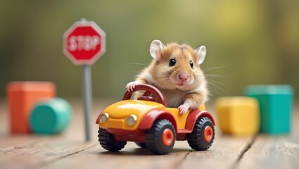  Adorable hamster driving toy car with block scenery