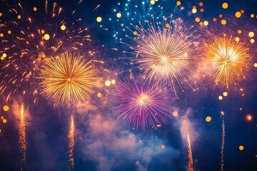 Poster - Fireworks display on a dark blue sky background. : Generative AI