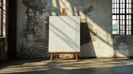 Wall Mural - a blank canvas sits on an easel in a room with peeling paint and sunlight streaming through the wind