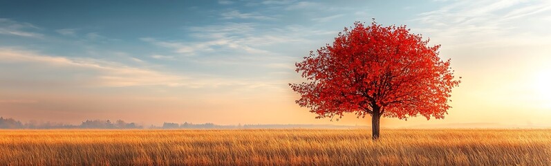 Poster - A vibrant red tree stands alone in a golden field under a bright sky, embodying autumn's beauty and tranquility.