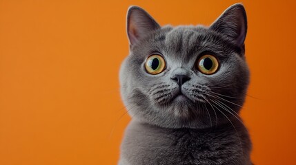 Poster - funny british shorthair cat portrait looking shocked or surprised on orange background : Generative AI