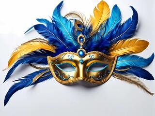 elegant carnival mask decorated with feathers in gold and blue tones. white background.