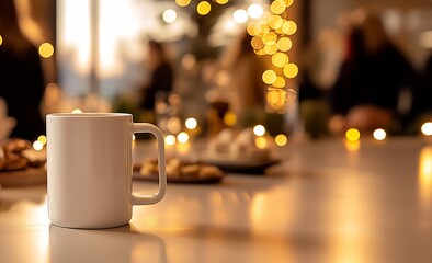 A close-up of a white rectangular-shaped mug on a party table : Generative AI