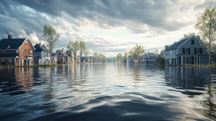 Poster - A flooded street with houses in the background