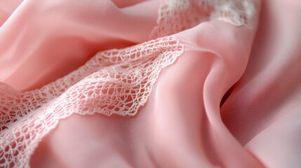 A close-up of pink fabric with intricate lace details, creating a delicate and feminine look