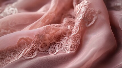 A close-up of pink fabric with intricate lace details, creating a delicate and feminine look