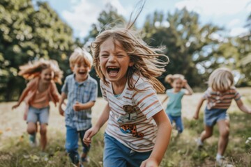 Group of happy kids having fun outdoors. Children playing in the park.