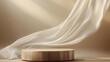 © Mr image - 3. **Feminine Luxury**: Design a refined 3D display featuring a wooden pedestal against a smooth brown background, with a delicate silk curtain flowing gracefully. The natural wind effect should
