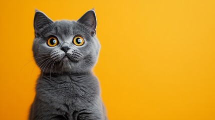 Poster - funny british shorthair cat portrait looking shocked or surprised on orange background : Generative AI