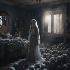 A female ghost with waist-length silver hair stands in the middle of a bedroom filled with old dolls with broken eyes.