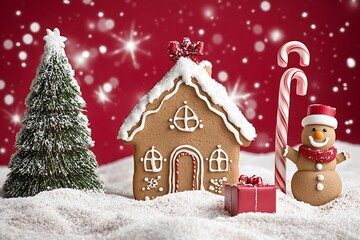 Poster - Three small Christmas trees, a gingerbread house, and a snowman : Generative AI