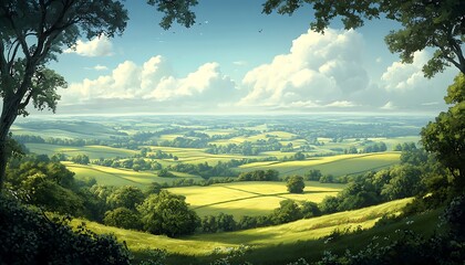 A serene landscape featuring rolling green hills, dotted with trees under a bright blue sky with fluffy clouds.