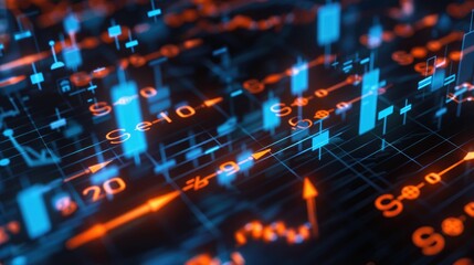 Currency symbols floating around a 3D bar chart with rising trends