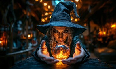 A Halloween portrait of a witch wearing a halloween hat in the background, A witch is casting spells on a crystal ball on dark table in a dark room.