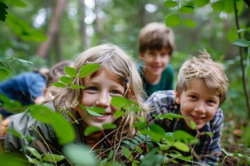 group of happy children playing in the forest. selective focus.