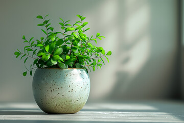 Poster - The vibrant green leaves of a small plant burst forth from a uniquely textured ceramic pot. Natural light cascades softly, enhancing the peaceful ambiance of the surroundings